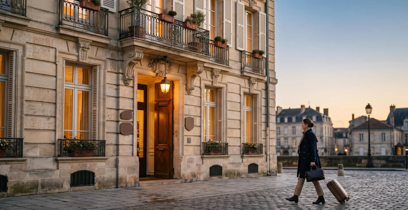 Facade elegante d'un palace europeen au coucher du soleil, symbole d'un luxe accessible