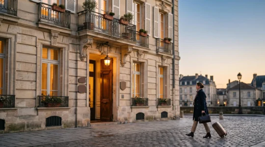 Facade elegante d'un palace europeen au coucher du soleil, symbole d'un luxe accessible