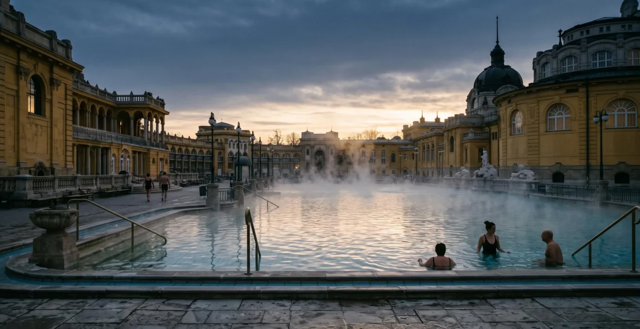 Vue panoramique d'un bain thermal historique de Budapest baigne de lumiere doree avec des baigneurs discrets
