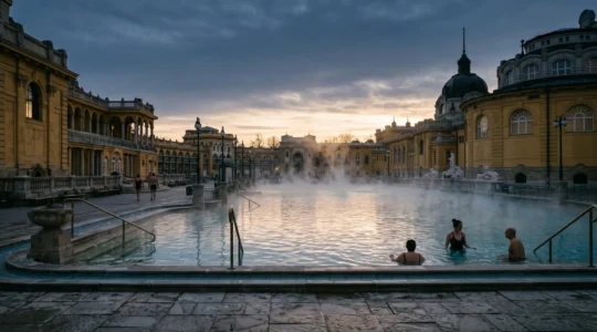Vue panoramique d'un bain thermal historique de Budapest baigne de lumiere doree avec des baigneurs discrets