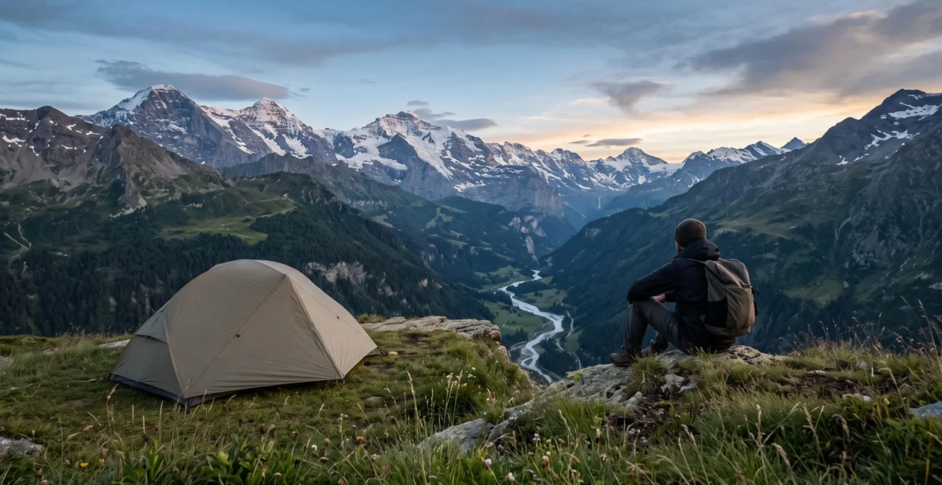 Tente légère de bivouac installée au crépuscule dans un paysage de montagne européen préservé