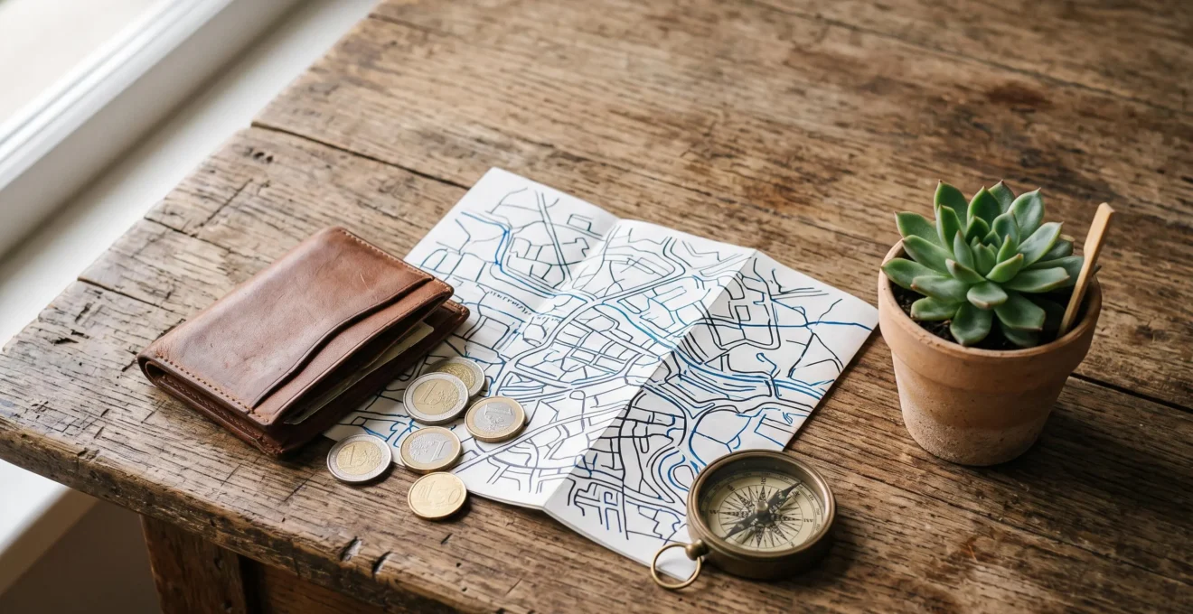 Voyageur organisant méthodiquement son budget pour un séjour de 10 jours en Europe, entouré de symboles de planification financière