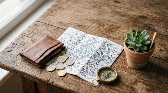 Voyageur organisant méthodiquement son budget pour un séjour de 10 jours en Europe, entouré de symboles de planification financière