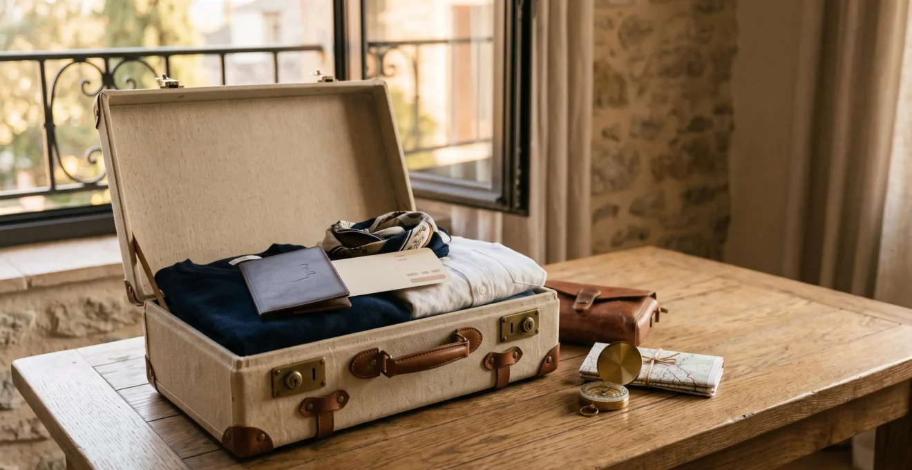 Préparatifs d'un voyage en Europe avec valise ouverte, passeport et objets essentiels organisés sur une table en lumière naturelle