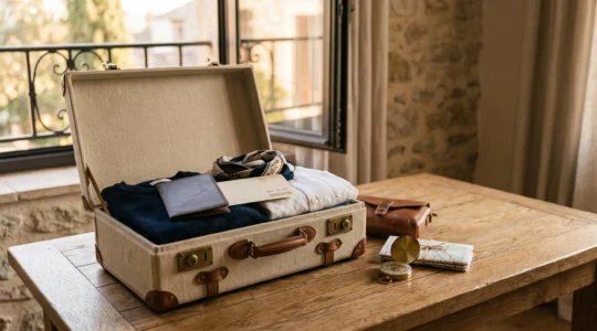 Préparatifs d'un voyage en Europe avec valise ouverte, passeport et objets essentiels organisés sur une table en lumière naturelle