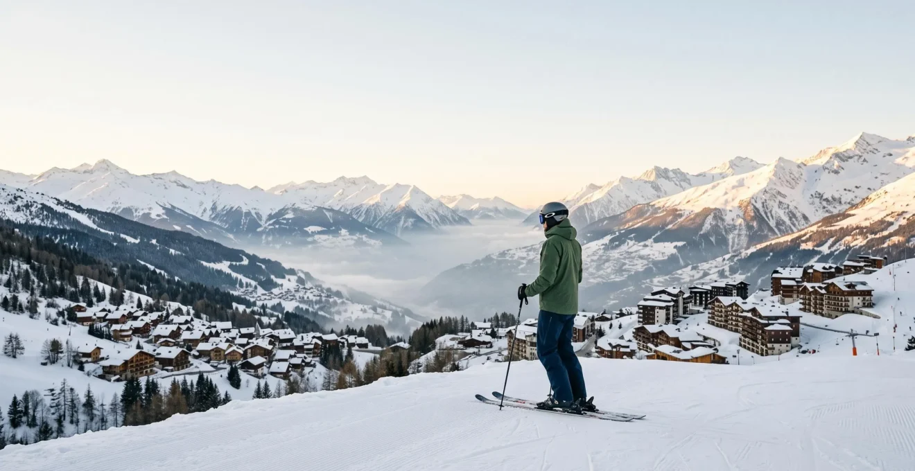 Skieur contemplant un vaste domaine alpin français au lever du jour, illustrant le choix d'une station de ski
