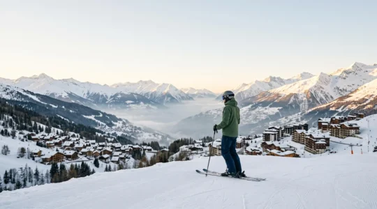 Skieur contemplant un vaste domaine alpin français au lever du jour, illustrant le choix d'une station de ski