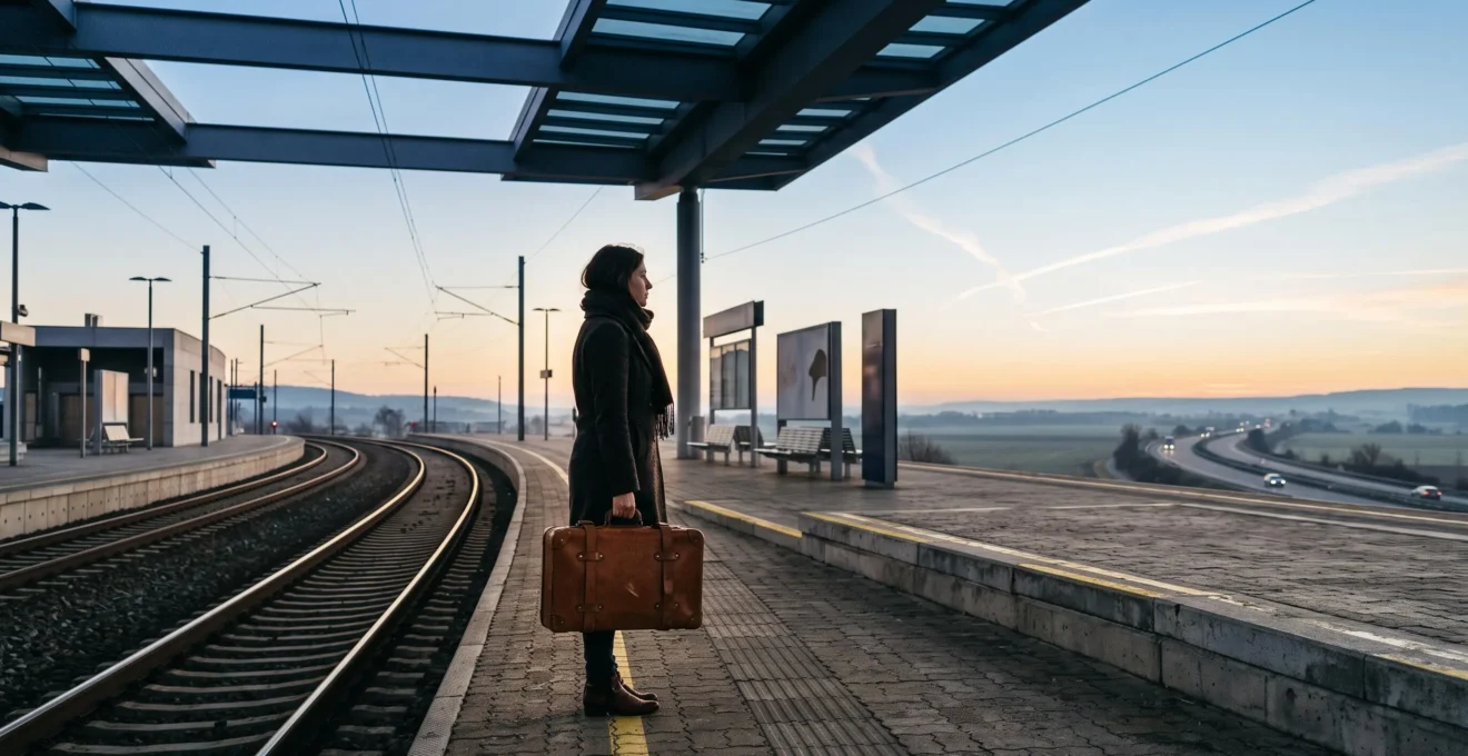 Voyageur avec valise face a un choix de mobilite en Europe entre le rail, la route et le ciel