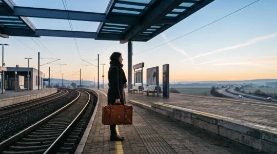 Voyageur avec valise face a un choix de mobilite en Europe entre le rail, la route et le ciel
