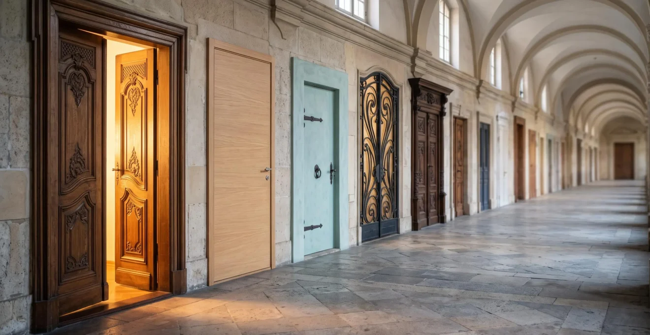 Rangée symbolique de portes de styles architecturaux européens différents illustrant le choix entre de multiples capitales