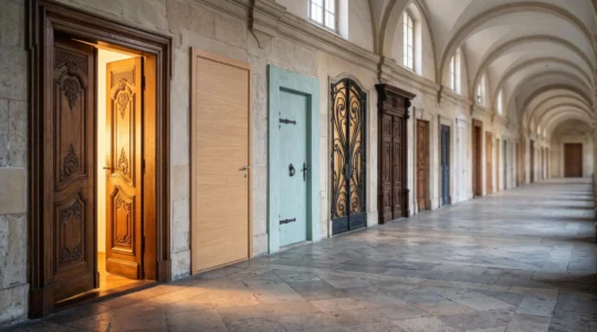 Rangée symbolique de portes de styles architecturaux européens différents illustrant le choix entre de multiples capitales