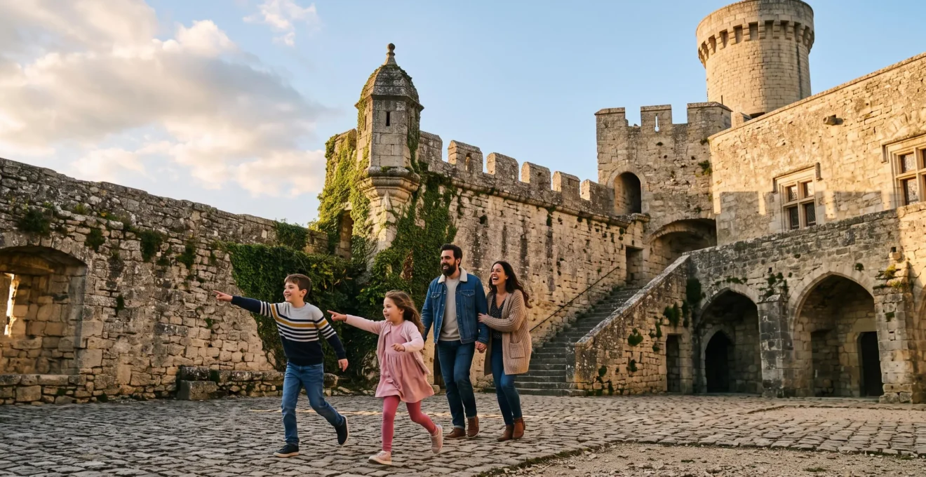 Famille explorant ensemble la cour d'un château médiéval en Europe, mêlant aventure et découverte culturelle
