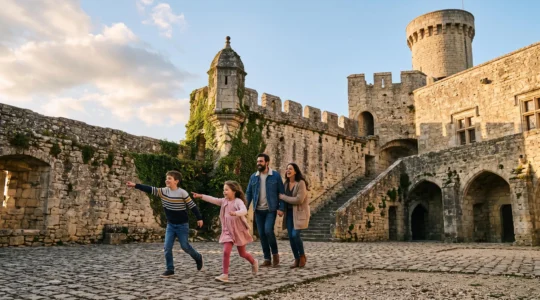 Famille explorant ensemble la cour d'un château médiéval en Europe, mêlant aventure et découverte culturelle