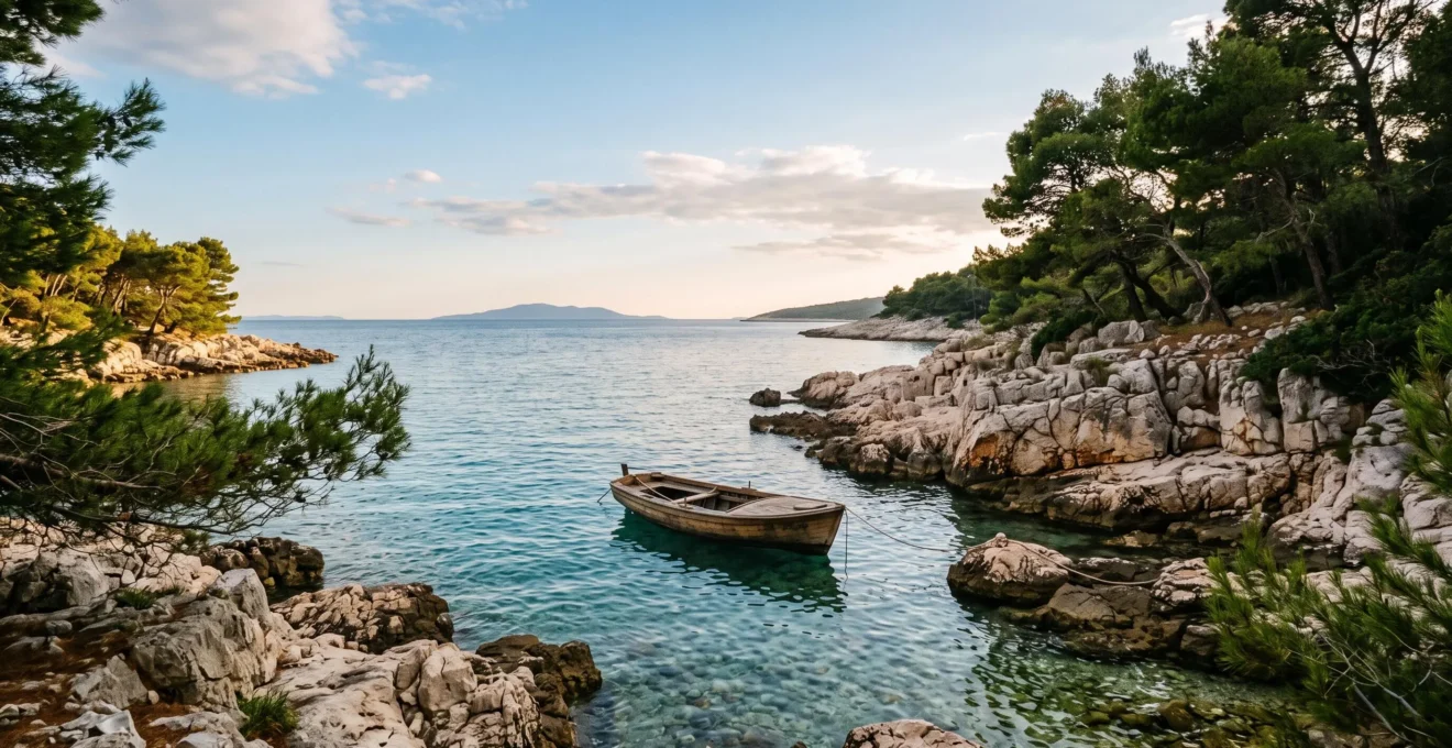 Crique isolée aux eaux turquoise de la côte adriatique croate, sans aucun touriste visible