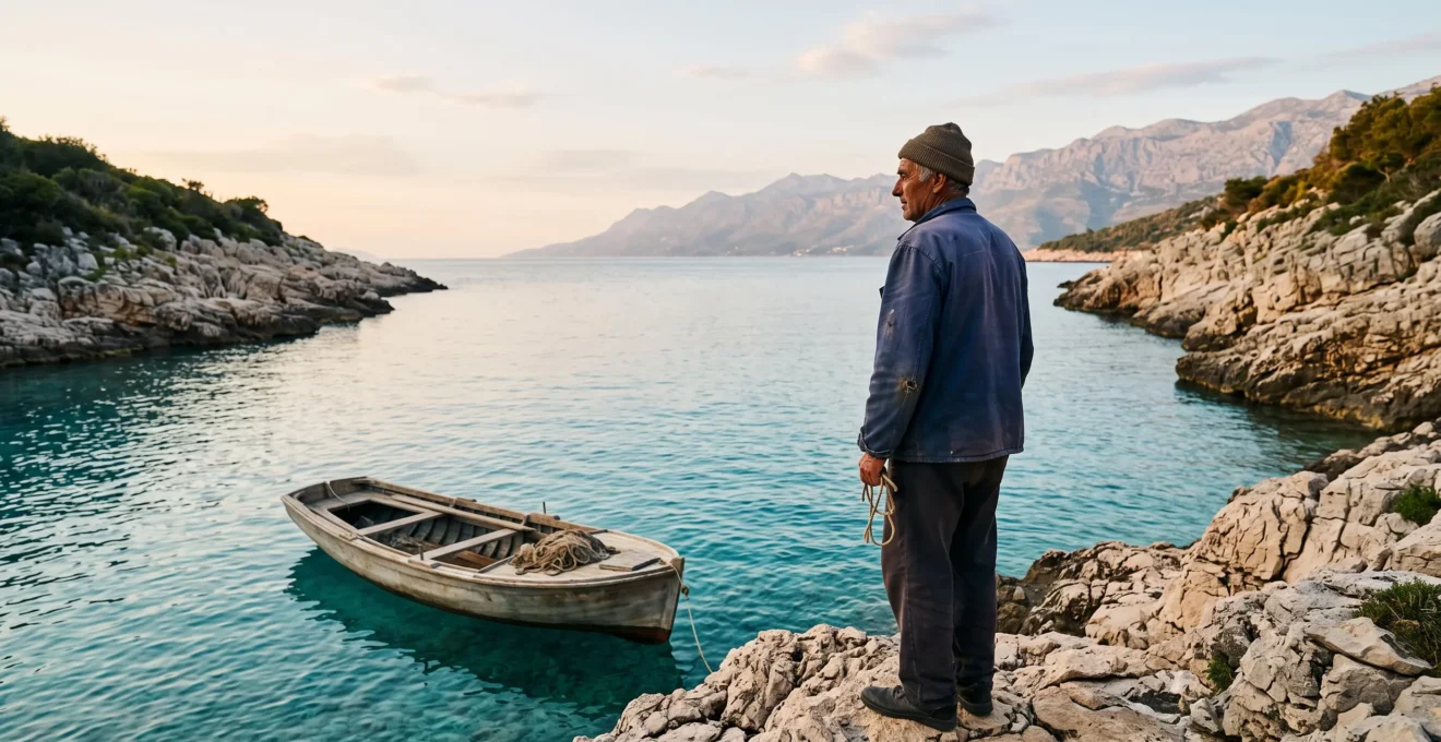 Pêcheur solitaire contemplant une crique préservée du littoral Adriatique au coucher du soleil