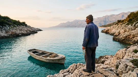 Pêcheur solitaire contemplant une crique préservée du littoral Adriatique au coucher du soleil