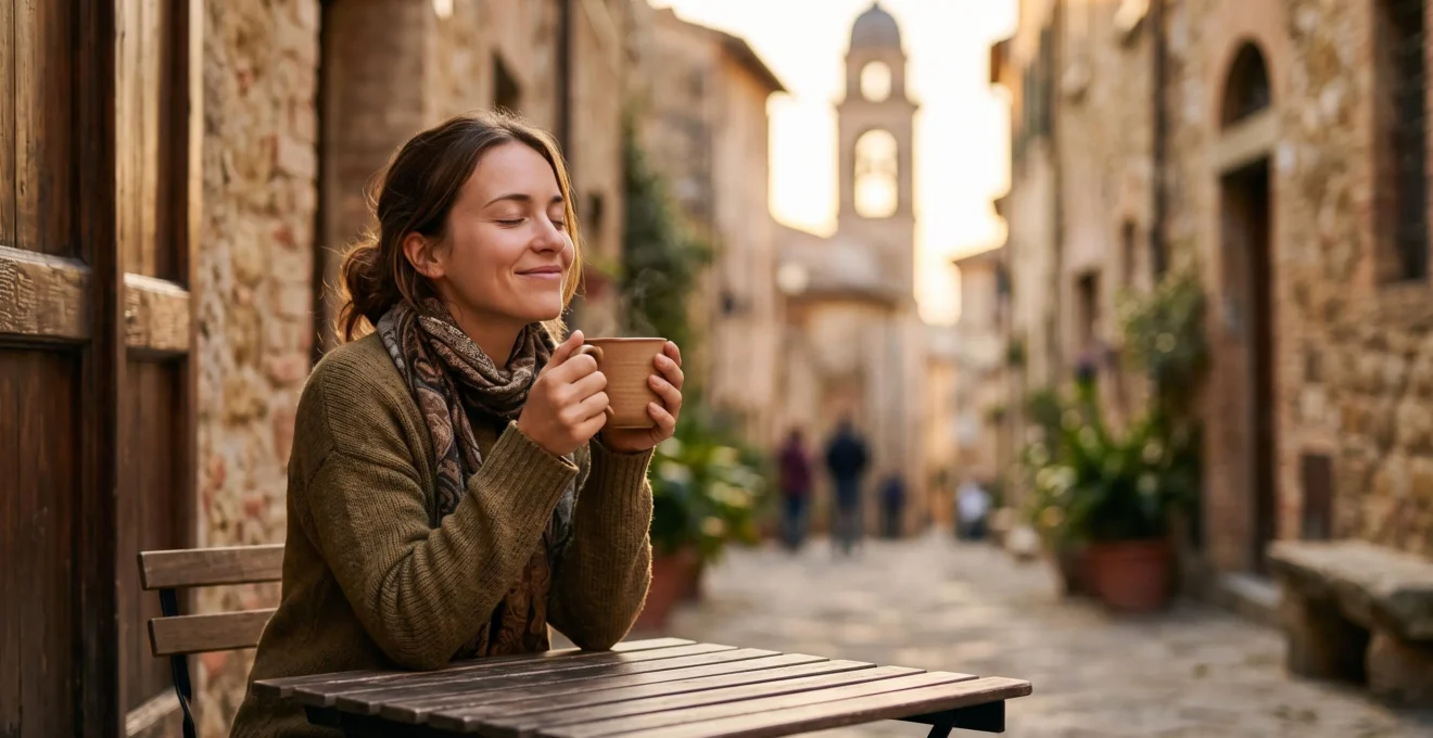 Voyageur vivant un moment sensoriel et authentique en Europe, lumière dorée et paysage évocateur en arrière-plan