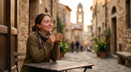 Voyageur vivant un moment sensoriel et authentique en Europe, lumière dorée et paysage évocateur en arrière-plan