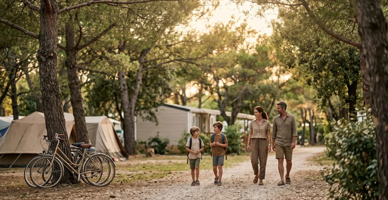 Famille profitant d'un emplacement ombragé dans un camping européen en bord de mer, illustrant le choix d'un séjour familial réussi