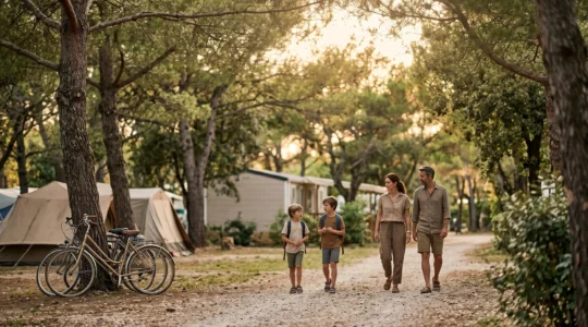 Famille profitant d'un emplacement ombragé dans un camping européen en bord de mer, illustrant le choix d'un séjour familial réussi