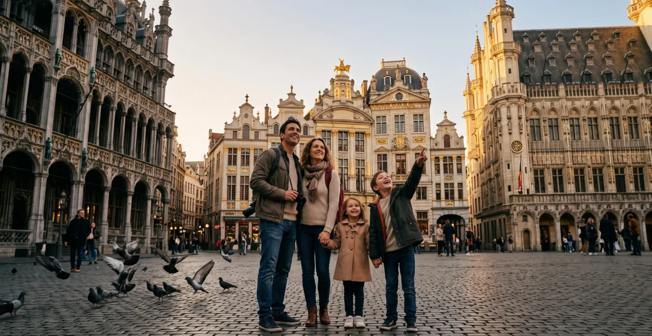 Famille souriante admirant les façades historiques d'une place de Bruxelles au coucher du soleil