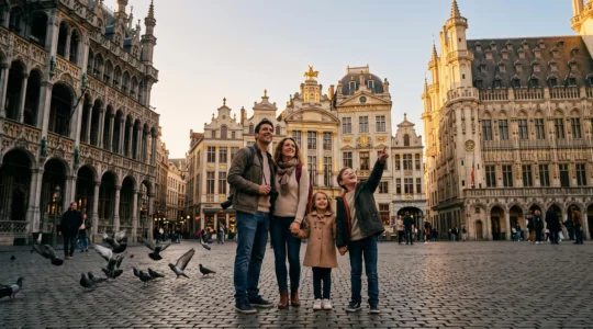 Famille souriante admirant les façades historiques d'une place de Bruxelles au coucher du soleil
