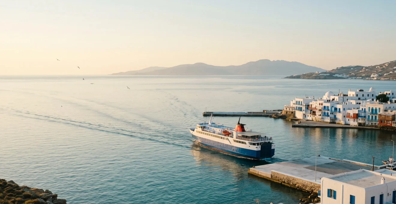Ferry blanc quittant un port grec typique aux maisons blanches, mer Égée turquoise au lever du jour
