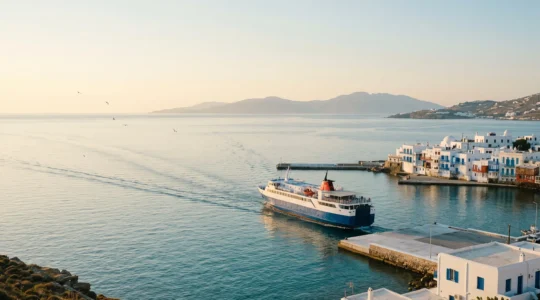 Ferry blanc quittant un port grec typique aux maisons blanches, mer Égée turquoise au lever du jour