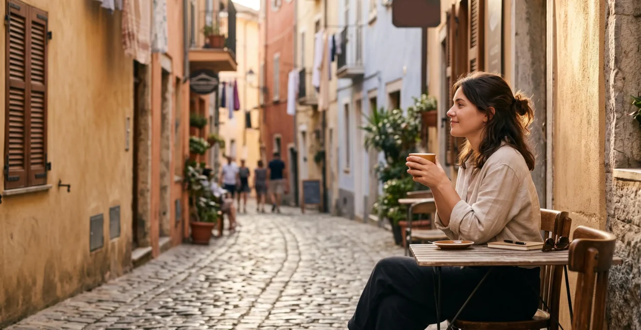 Voyageur détendu savourant un moment calme en terrasse dans une ruelle européenne au lever du jour, symbole d'un week-end vécu sans précipitation