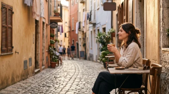 Voyageur détendu savourant un moment calme en terrasse dans une ruelle européenne au lever du jour, symbole d'un week-end vécu sans précipitation