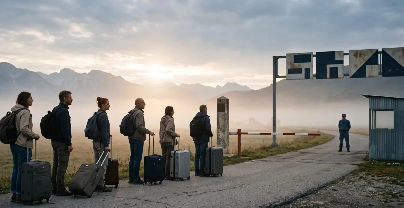 Voyageurs de nationalités diverses faisant la queue à un poste-frontière européen au lever du jour