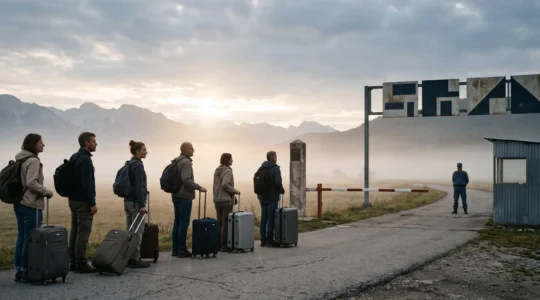 Voyageurs de nationalités diverses faisant la queue à un poste-frontière européen au lever du jour