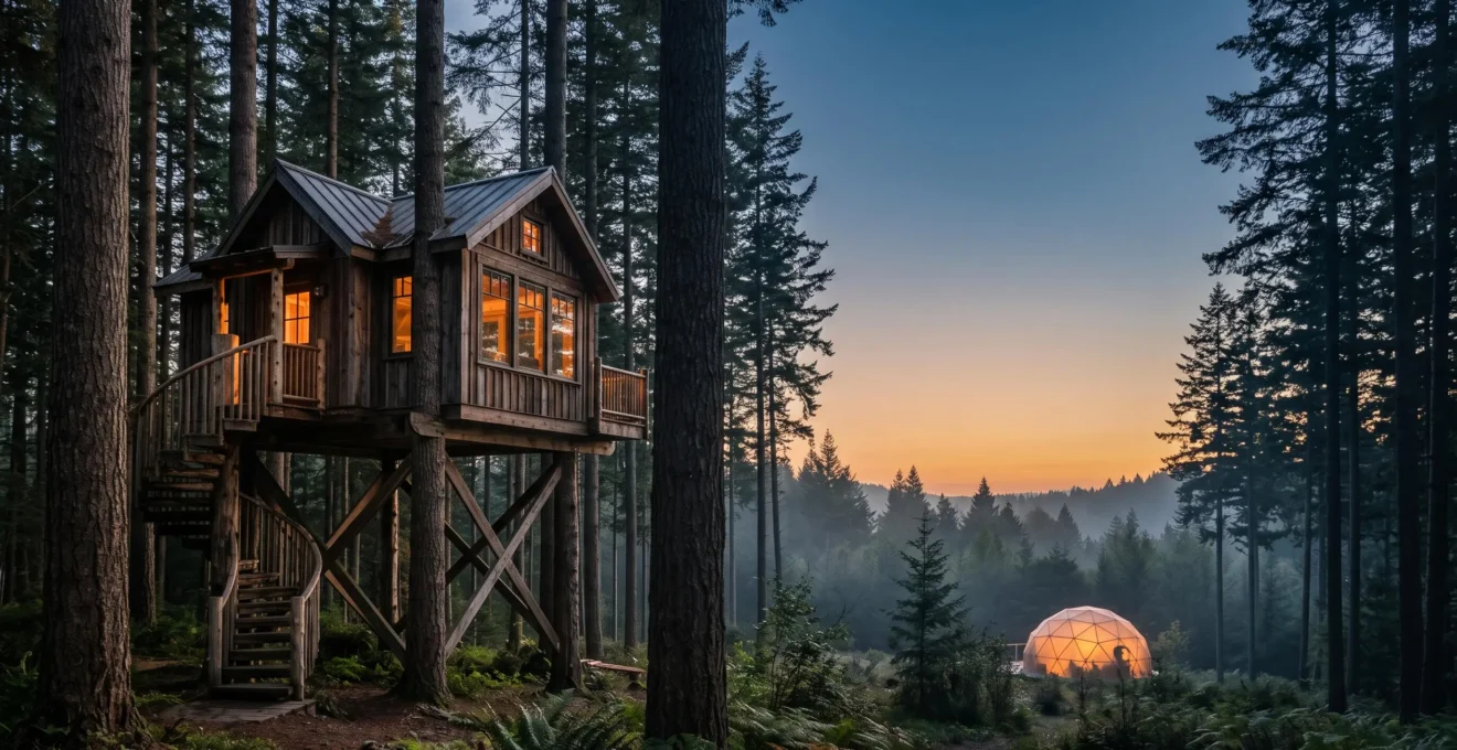 Cabane perchee dans les arbres au coucher du soleil avec vue sur une bulle transparente illuminee en arriere-plan, illustrant les hebergements insolites d'Europe