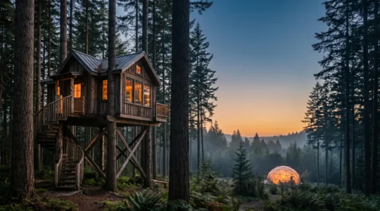 Cabane perchee dans les arbres au coucher du soleil avec vue sur une bulle transparente illuminee en arriere-plan, illustrant les hebergements insolites d'Europe