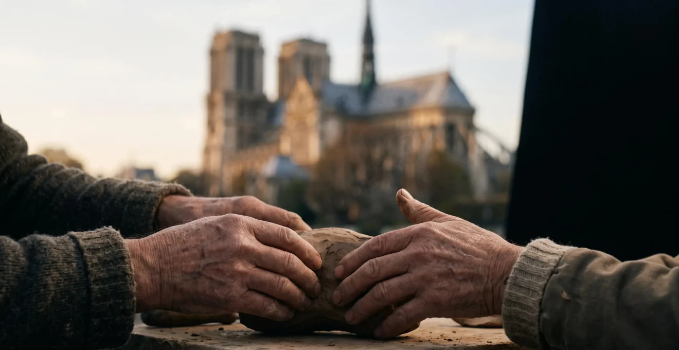 Mains d'un artisan européen façonnant un objet traditionnel, avec en arrière-plan flou la silhouette d'un monument historique