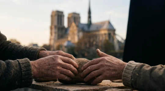 Mains d'un artisan européen façonnant un objet traditionnel, avec en arrière-plan flou la silhouette d'un monument historique