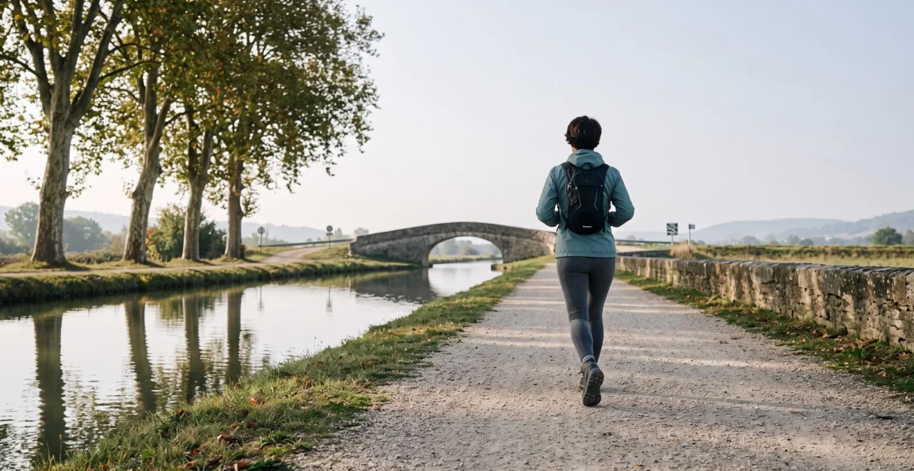 Marcheur sportif avançant à vive allure sur un large chemin balisé et plat en bordure d'eau en Europe