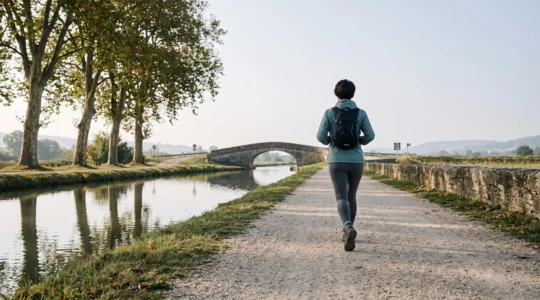 Marcheur sportif avançant à vive allure sur un large chemin balisé et plat en bordure d'eau en Europe