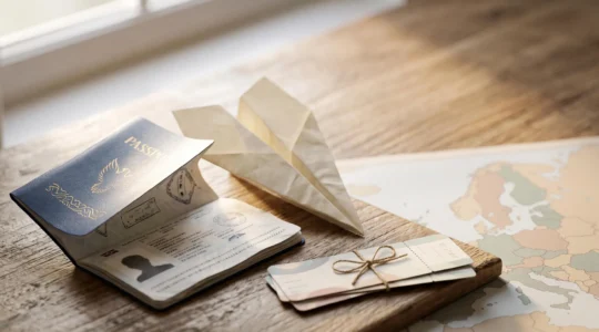 Passeport ouvert avec tampons de voyage et carte de l'Europe symbolisant la préparation d'un visa Schengen réussi