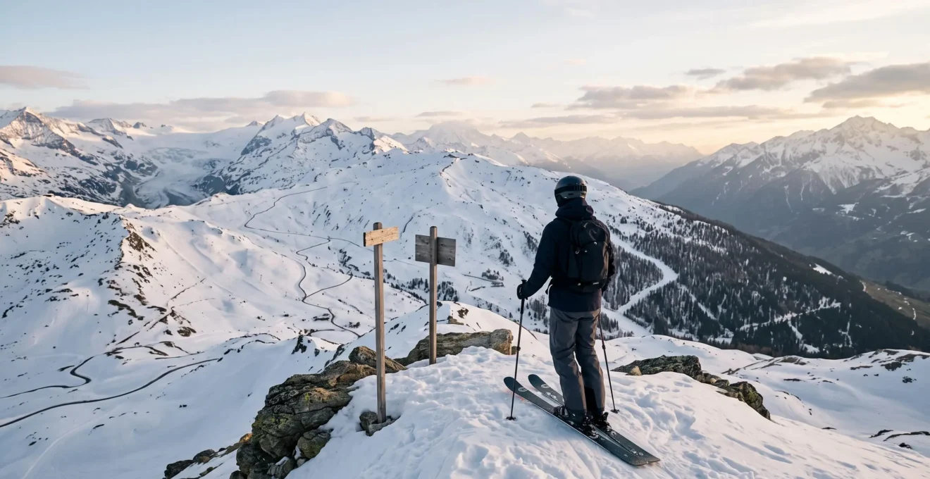 Vue panoramique sur un domaine skiable alpin avec plusieurs versants et types de pistes, illustrant la diversité des styles de ski