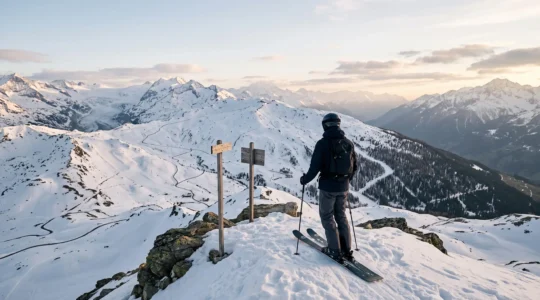Vue panoramique sur un domaine skiable alpin avec plusieurs versants et types de pistes, illustrant la diversité des styles de ski