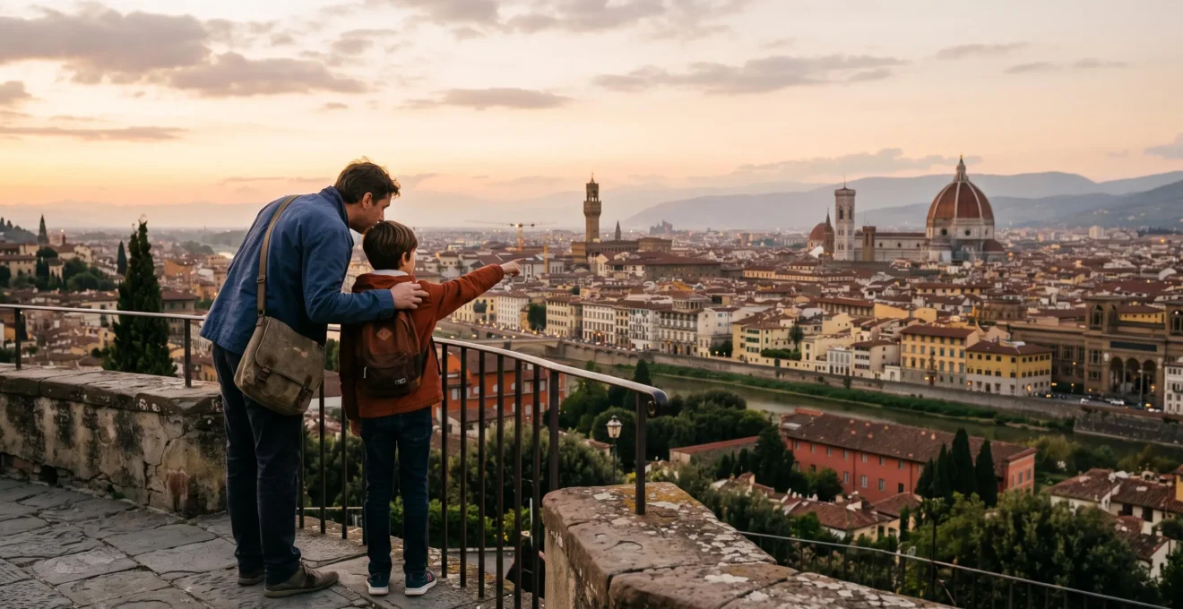 Un parent et son enfant admirant le dôme de Florence depuis une terrasse au coucher du soleil
