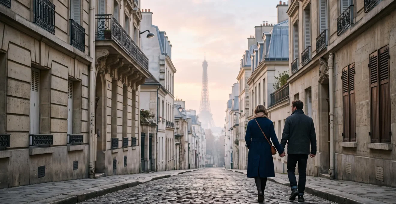 Couple marchant main dans la main dans une ruelle pavée parisienne calme au lever du jour, loin des lieux touristiques