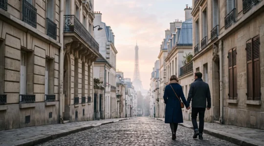 Couple marchant main dans la main dans une ruelle pavée parisienne calme au lever du jour, loin des lieux touristiques