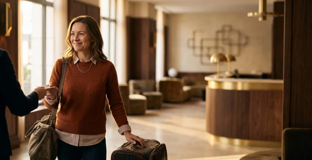 Voyageur souriant à la réception d'un hôtel de charme européen, incarnant l'équilibre entre bon prix et qualité