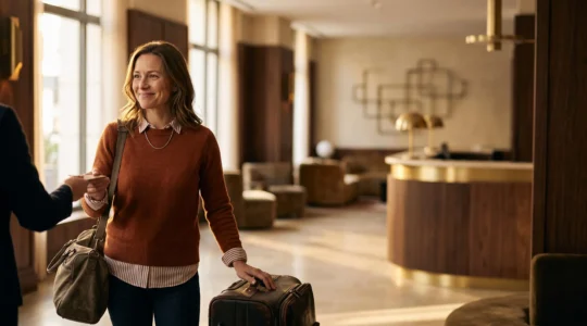 Voyageur souriant à la réception d'un hôtel de charme européen, incarnant l'équilibre entre bon prix et qualité