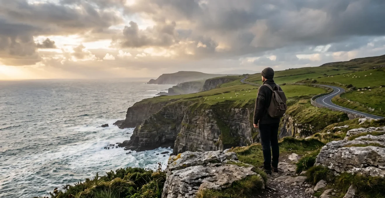 Voyageur contemplant les falaises spectaculaires de la côte atlantique irlandaise au coucher du soleil lors d'un road trip