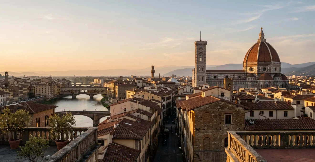 Vue panoramique au coucher du soleil sur les toits, dômes et clochers d'une cité d'art européenne historique