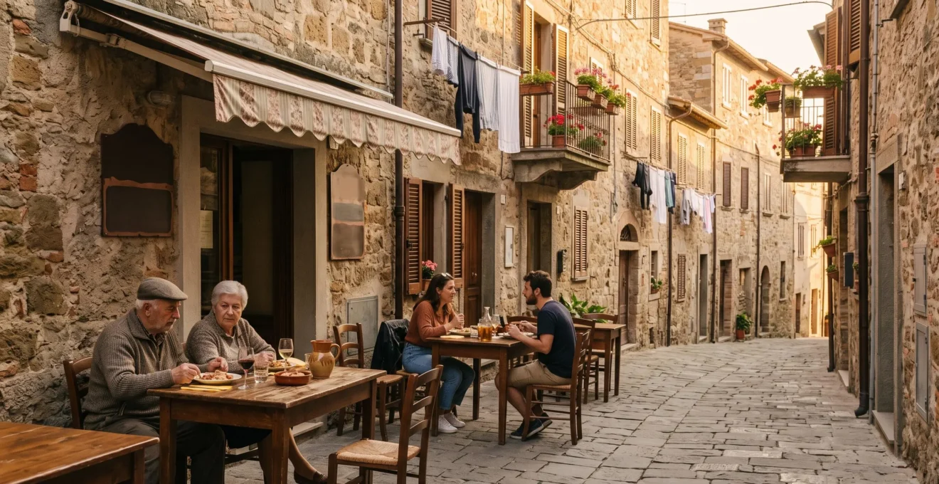 Une table conviviale dressée avec des plats régionaux authentiques dans une ruelle européenne animée par des habitants