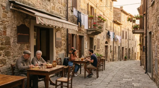 Une table conviviale dressée avec des plats régionaux authentiques dans une ruelle européenne animée par des habitants